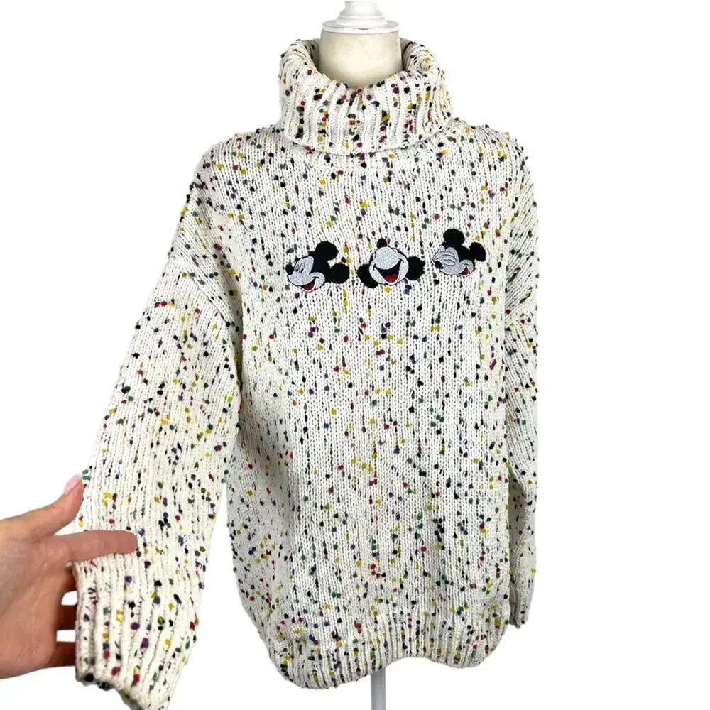 Disney Mickey Mouse Embroidered Turtleneck Confetti Knit Pullover Sweater Large